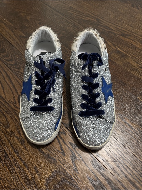 Golden Goose Shoes - Golden Goose Silver Glitter Sneakers with Blue Star 38